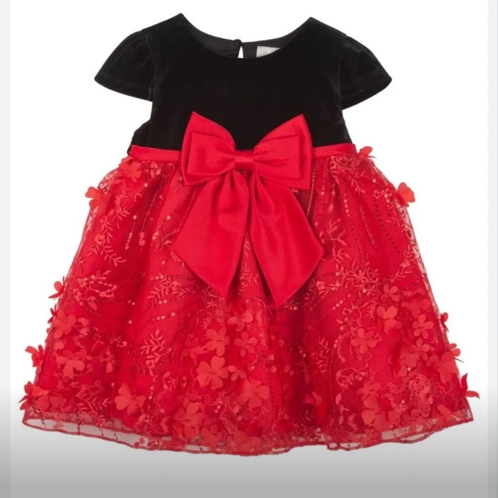NWT Rare Editions Baby Girl Velvet Cap Sleeve‎ 3D Sequin Social Dress Christmas